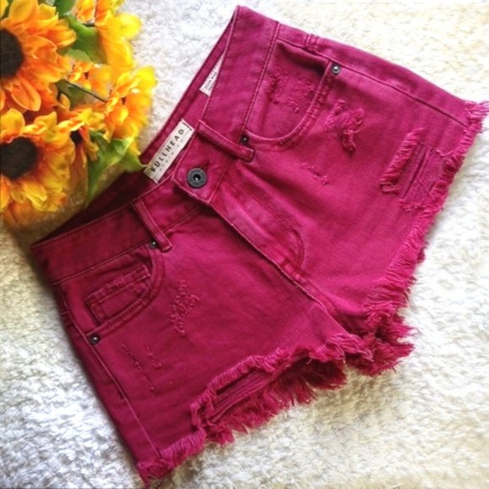 BULLHEAD Distressed High Waist Denim Shorts sz 00 / XXS Red Burgandy - Picture 4 of 6